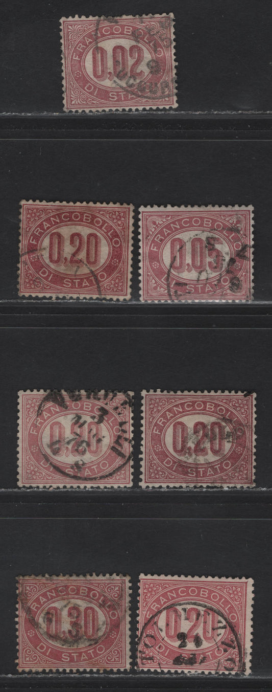 Lot 219 Italy SC#O1-O4 2c - 30c Lake Numerals, 1875 Official Issue, 7 Fine/Very Fine Used Singles, Unlisted Shade Variations