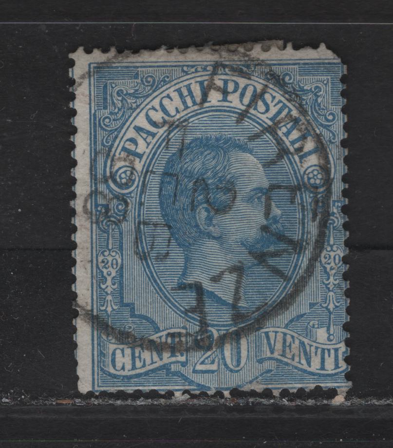 Lot 221 Italy SC#Q2 20c Blue King Humbert I, 1884-1886 Parcel Post Issue, A Good Used Single, Presentable, Good Used Example OfThis Scarce Stamp, Typical Centering, Pulled Top Right Corner Perf.