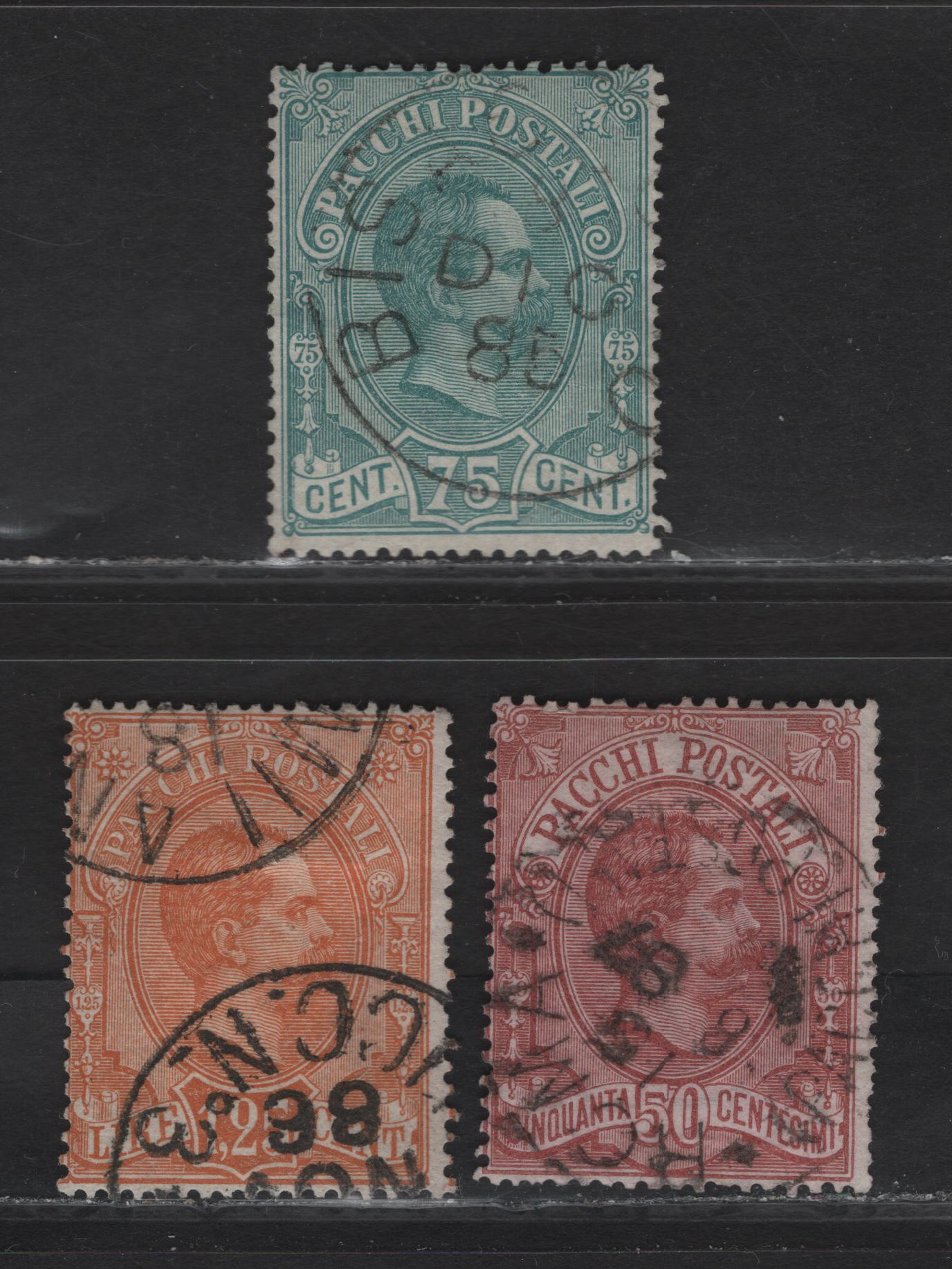 Lot 223 Italy SC#Q3-Q5 50c - 1.25l Claret - Orange King Humbert I, 1884-1886 Parcel Post Issue, 3 Very Good Used Singles