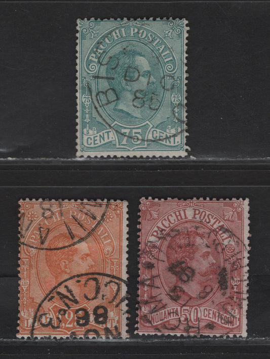 Lot 223 Italy SC#Q3-Q5 50c - 1.25l Claret - Orange King Humbert I, 1884-1886 Parcel Post Issue, 3 Very Good Used Singles