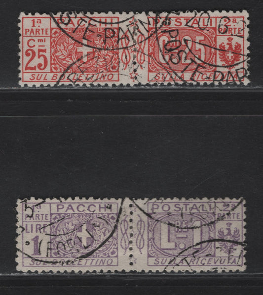 Lot 225 Italy SC#Q10, Q12 25c - 1l Red - Violet Arms, 1914-1922 Parcel Post Issue, 2 Very Fine Used Singles