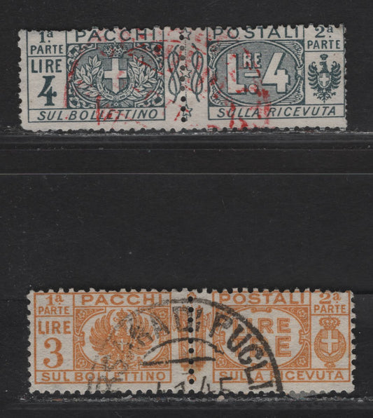 Lot 226 Italy SC#Q15, Q33 4l - 3l Slate - Yellow Bistre Arms, 1914-1939 Parcel Post Issue, 2 Good/Very Good Used Singles, Multiple Short Perfs On 4l, But Still Scarce