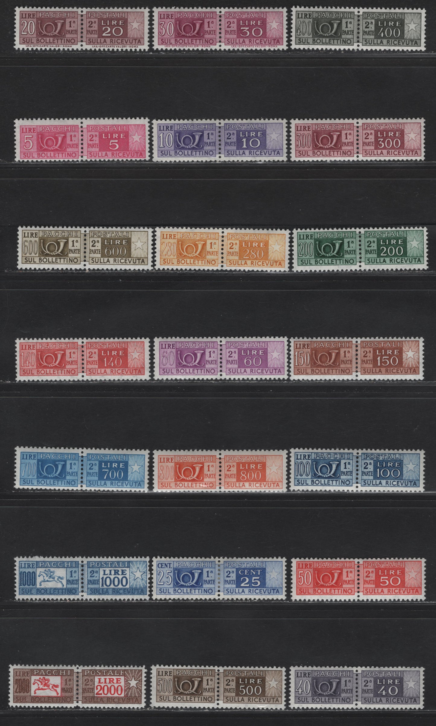 Lot 227 Italy SC#Q77-Q97 50c - 1.25l Claret - Orange Posthorn & Value, 1955-1966 Parcel Post Issues, 21 F/VFOG Singles, Stars Wmk