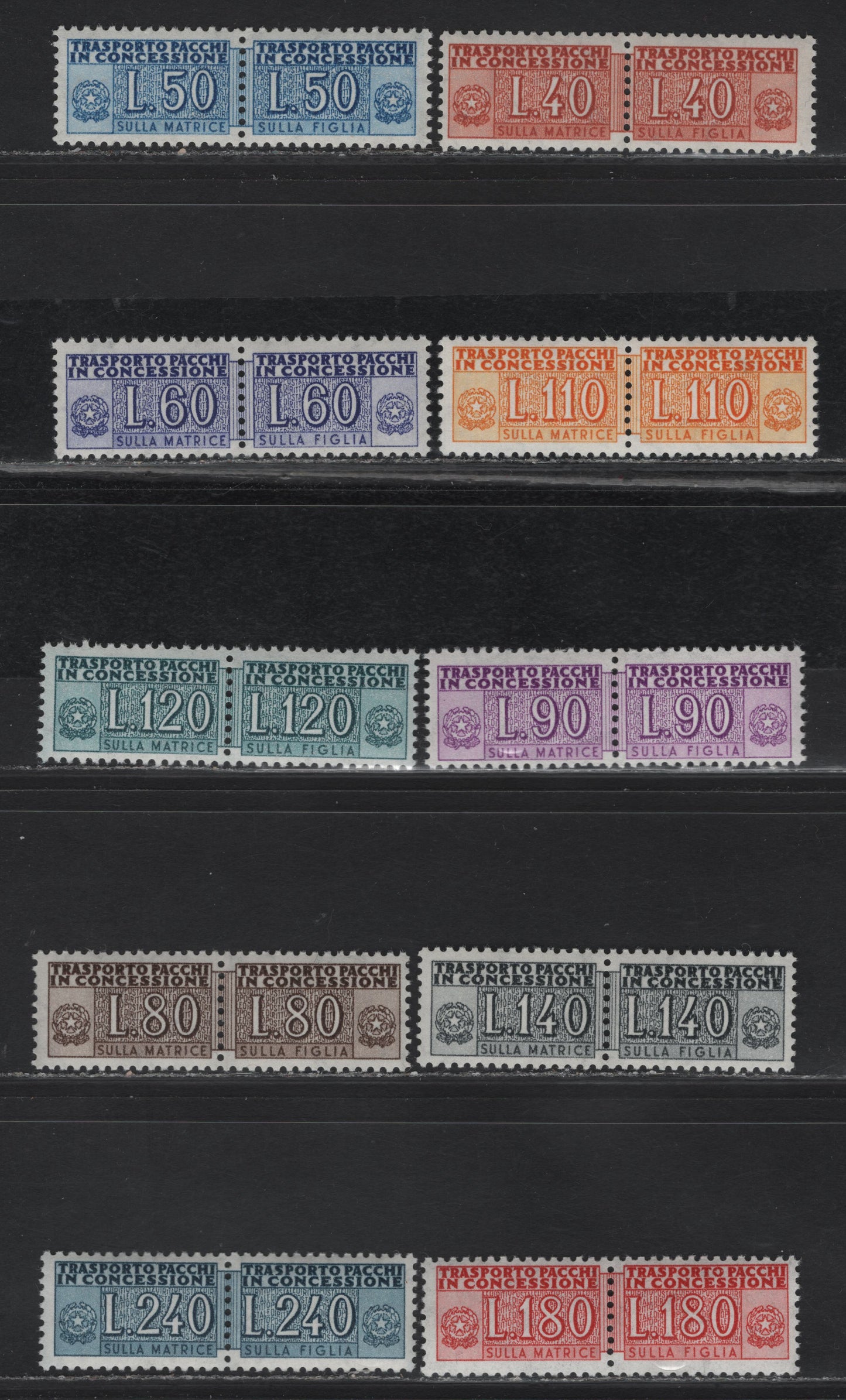 Lot 228 Italy SC#QY5-QY7, QY9, QY11, QY13-QY13, Q17-Q18 40l - 240l Orange Red - Dark Blue Numerals, 1956-1961 Parcel Post Authorized Delivery Issue, 10 VFOG Singles, Stars Wmk