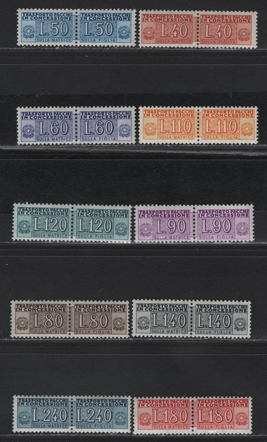 Lot 228 Italy SC#QY5-QY7, QY9, QY11, QY13-QY13, Q17-Q18 40l - 240l Orange Red - Dark Blue Numerals, 1956-1961 Parcel Post Authorized Delivery Issue, 10 VFOG Singles, Stars Wmk