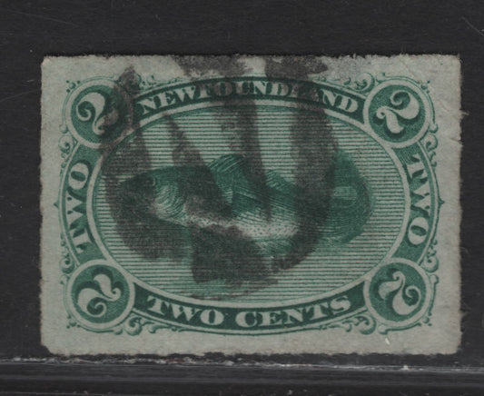 Lot 23 (C) Newfoundland #38 2c Green Codfish, 1876-1879 3rd Cents Issue, A Fine Used Rouletted Single, Beautifully Centered Example With N Negative Fancy Cork Cancel, Paper Cents-Y, Light Diagonal Crease That Is Not Visible From The Front.