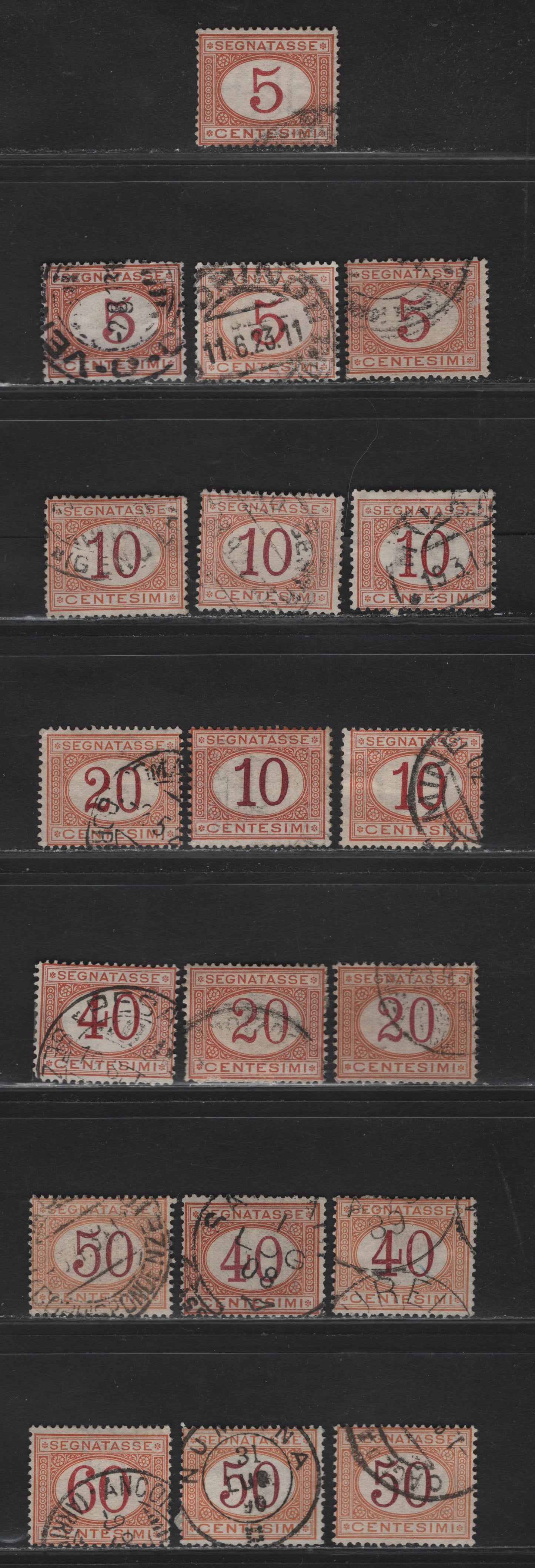 Lot 231 Italy SC#J5-J7, J9-J11 5c - 60c Buff & Magenta Numeral, 1870-1925 Postage Dues, 19 Fine Used Singles, Many Variations In Shade & Numeral Frames