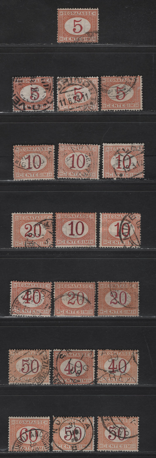 Lot 231 Italy SC#J5-J7, J9-J11 5c - 60c Buff & Magenta Numeral, 1870-1925 Postage Dues, 19 Fine Used Singles, Many Variations In Shade & Numeral Frames