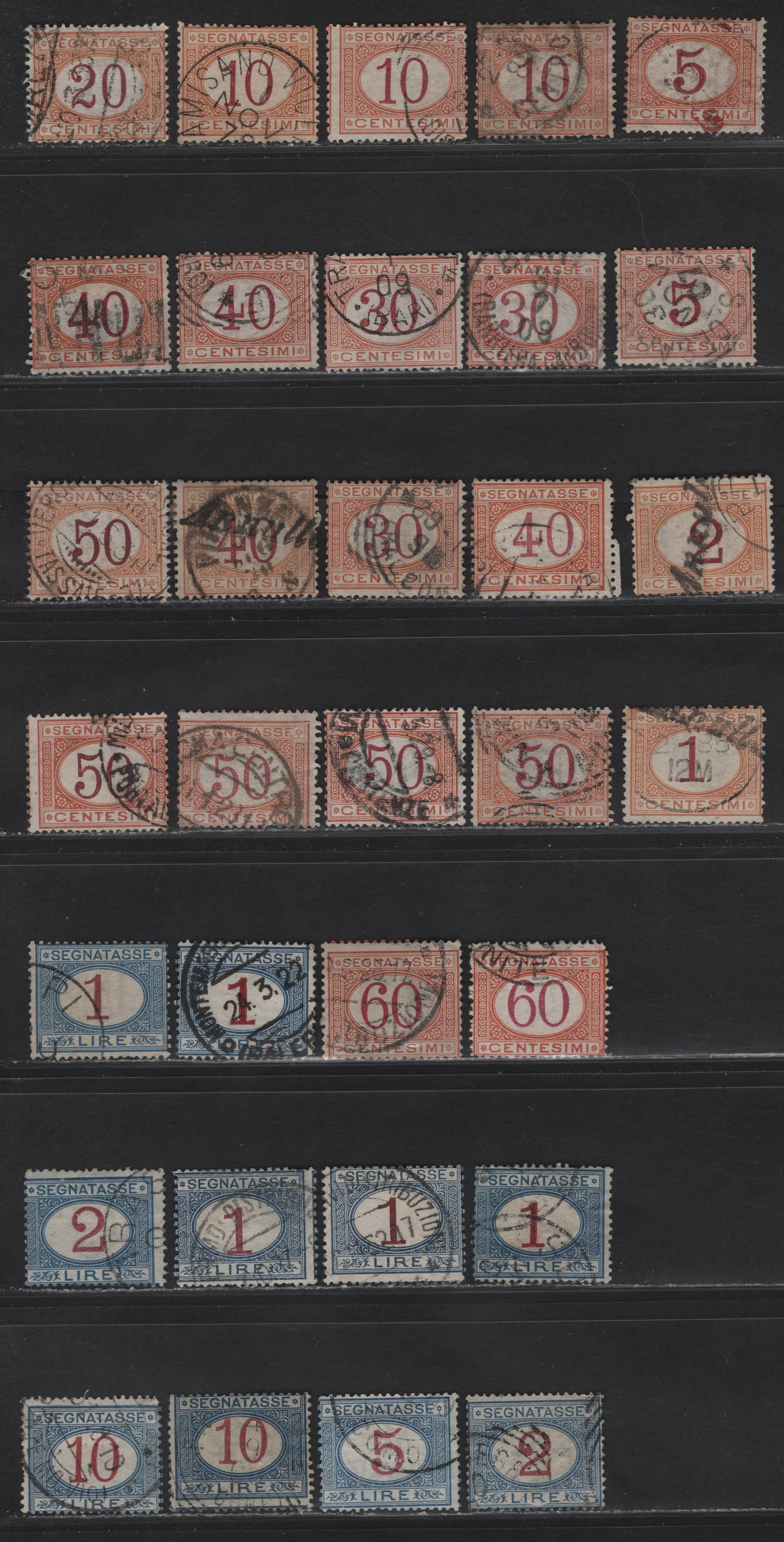 Lot 233 Italy SC#J3-J11, J14, J16, J18, J20 1c - 10l Buff & Magenta - Blue & Magenta Numeral, 1870-1925 Postage Dues, 32 Good/Very Good Used Singles