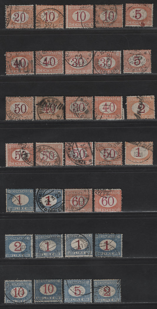 Lot 233 Italy SC#J3-J11, J14, J16, J18, J20 1c - 10l Buff & Magenta - Blue & Magenta Numeral, 1870-1925 Postage Dues, 32 Good/Very Good Used Singles