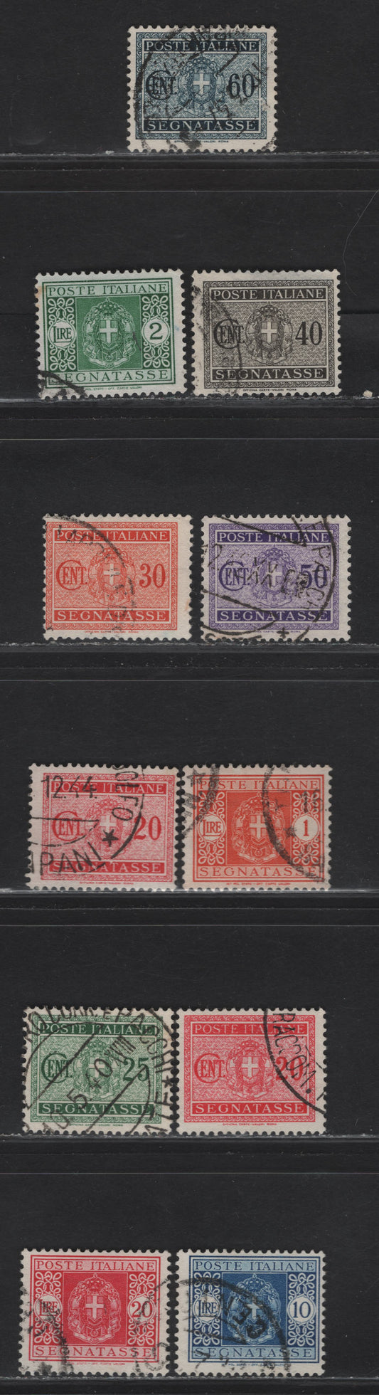 Lot 237 Italy SC#J30-J37, J39-J40 20c - 20l Rose Red - Carmine Rose Coat of Arms, 1934 Postage Dues, 11 Fine Used Singles, Faces In Design, All Cancels Except The 20l Look To Be Contemporary, So 20l Is Counted As Mint.