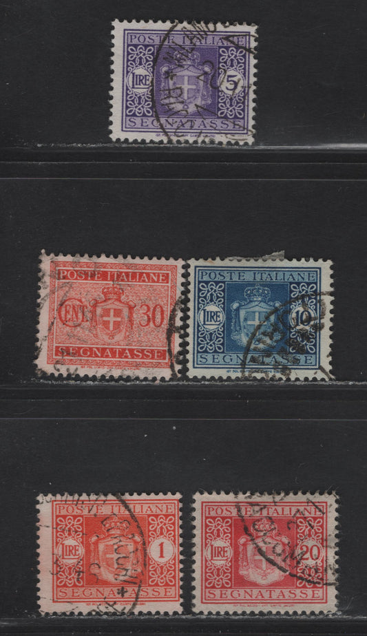 Lot 238 Italy SC#J45, J49, J51-J53 30c - 20l Red Orange - Carmine Rose Coat of Arms, 1945-1946 Postage Dues, 5 Fine/Very Fine Used Singles, No Wmk, Revised Design Without Faces, Cancels All Appear Genuine & Likely Contemporary.