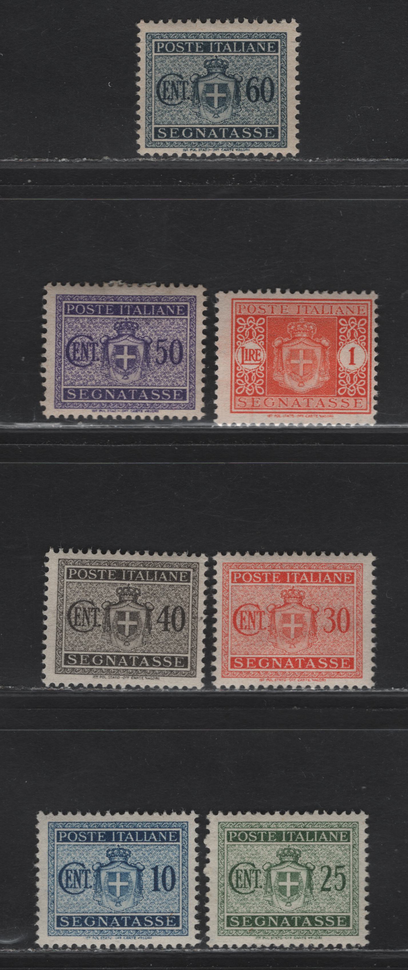 Lot 239 Italy SC#J54-J60 10c - 1l Dark Blue - Orange Coat of Arms, 1945-1946 Postage Dues, 7 F/VFOG Singles, Winged Wheel Wmk
