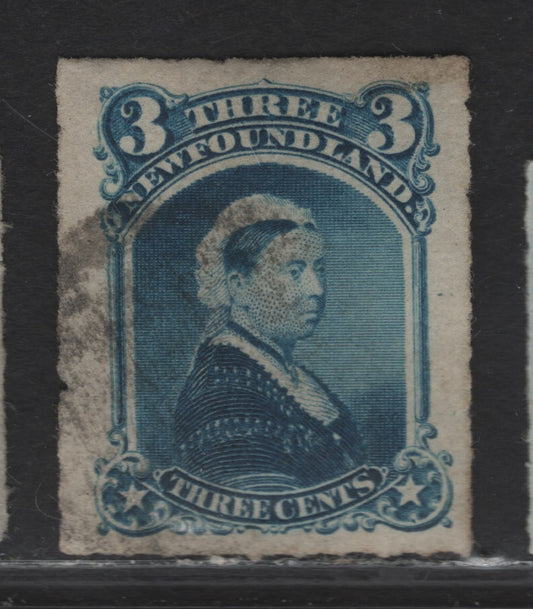 Lot 24 (C) Newfoundland #39var 3c Blue Queen Victoria, 1876-1879 3rd Cents Issue, A Very Fine Used Rouletted Single, Two Guide Dots In Right Margin, Paper Cents-FF