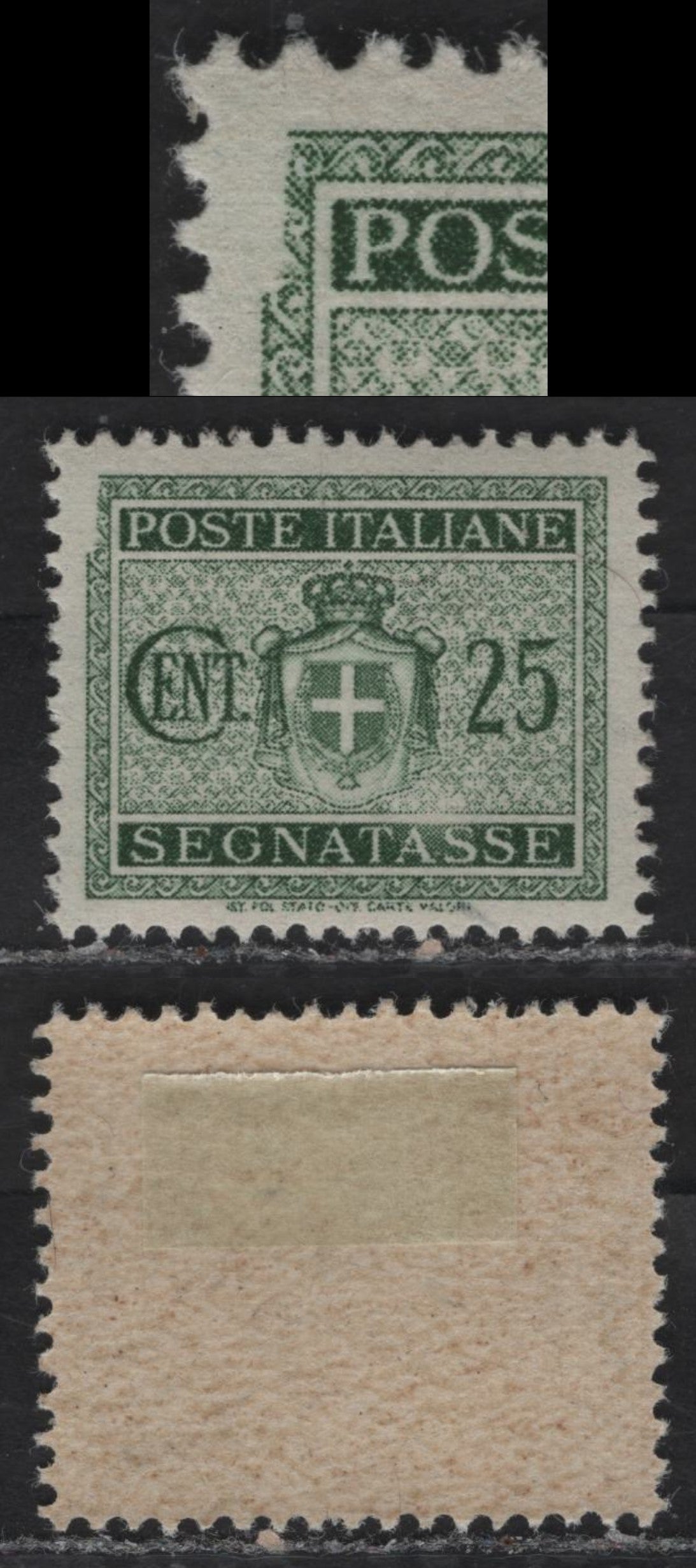 Lot 240 Italy SC#J55var 25c Green Coat of Arms, 1945-1946 Postage Dues, A VFOG Single, Showing Prominent Damage To Outer Frameline, Unlisted In Scott & Eye-catching, Winged Wheel Wmk.