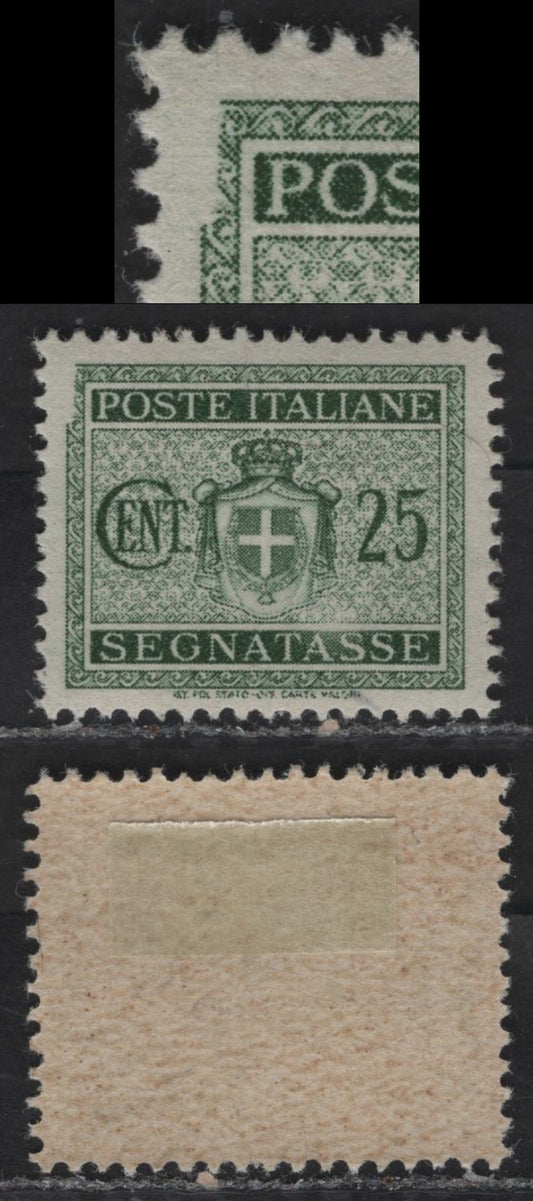 Lot 240 Italy SC#J55var 25c Green Coat of Arms, 1945-1946 Postage Dues, A VFOG Single, Showing Prominent Damage To Outer Frameline, Unlisted In Scott & Eye-catching, Winged Wheel Wmk.