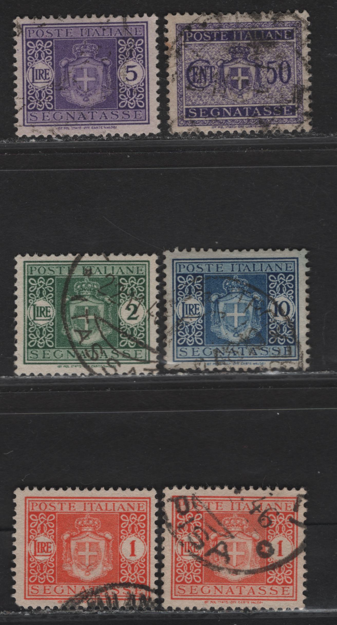 Lot 241 Italy SC#J58, J60-J63 50c - 10l Violet - Blue Coat of Arms, 1945-1946 Postage Dues, 6 Fine/Very Fine Used Singles, Two Shades Of 1l Orange