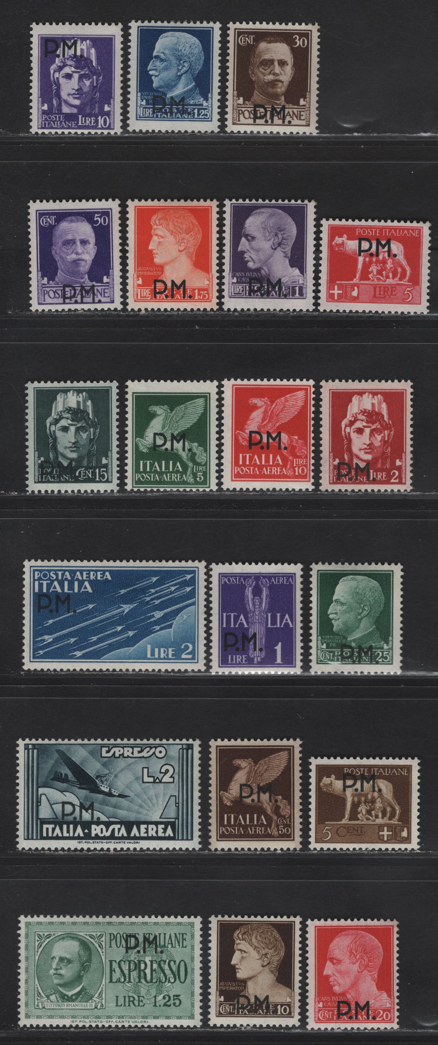 Lot 243 Italy SC#M1-M13, MC1-MC5, MCE1, ME1 5c - 1.25l Olive Brown - Green P.M Overprinted, 1943 Military Issue, 20 F/VFOG/NH Singles