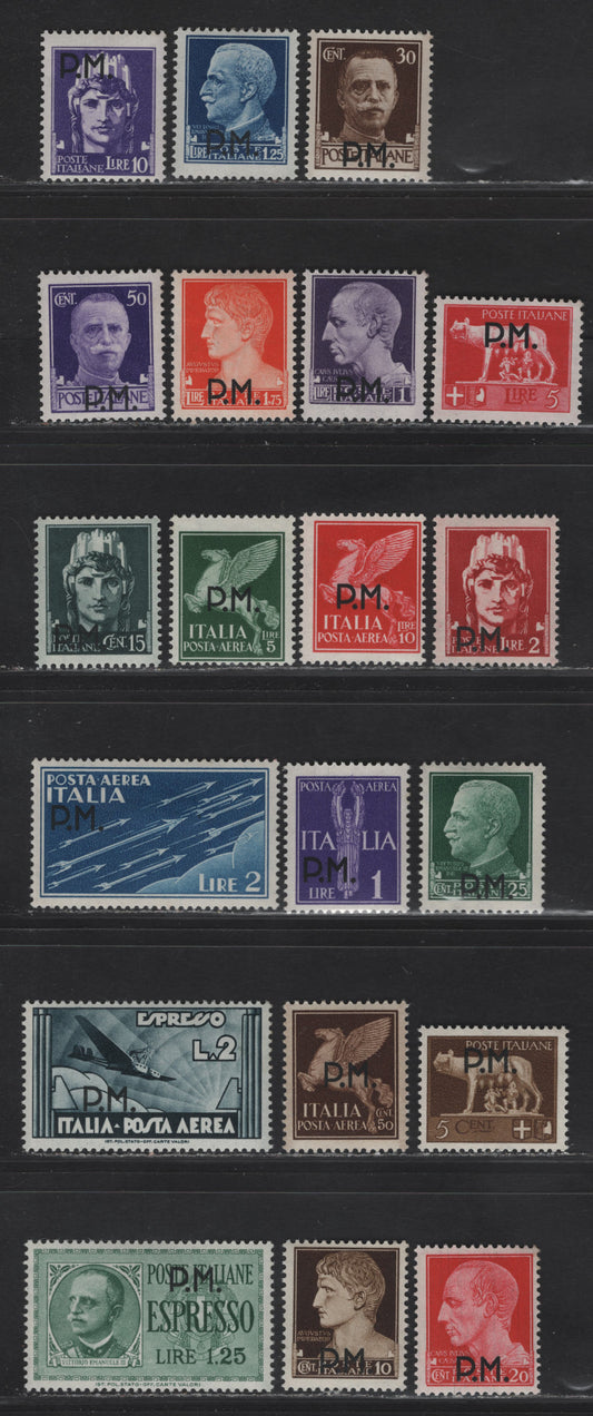 Lot 243 Italy SC#M1-M13, MC1-MC5, MCE1, ME1 5c - 1.25l Olive Brown - Green P.M Overprinted, 1943 Military Issue, 20 F/VFOG/NH Singles
