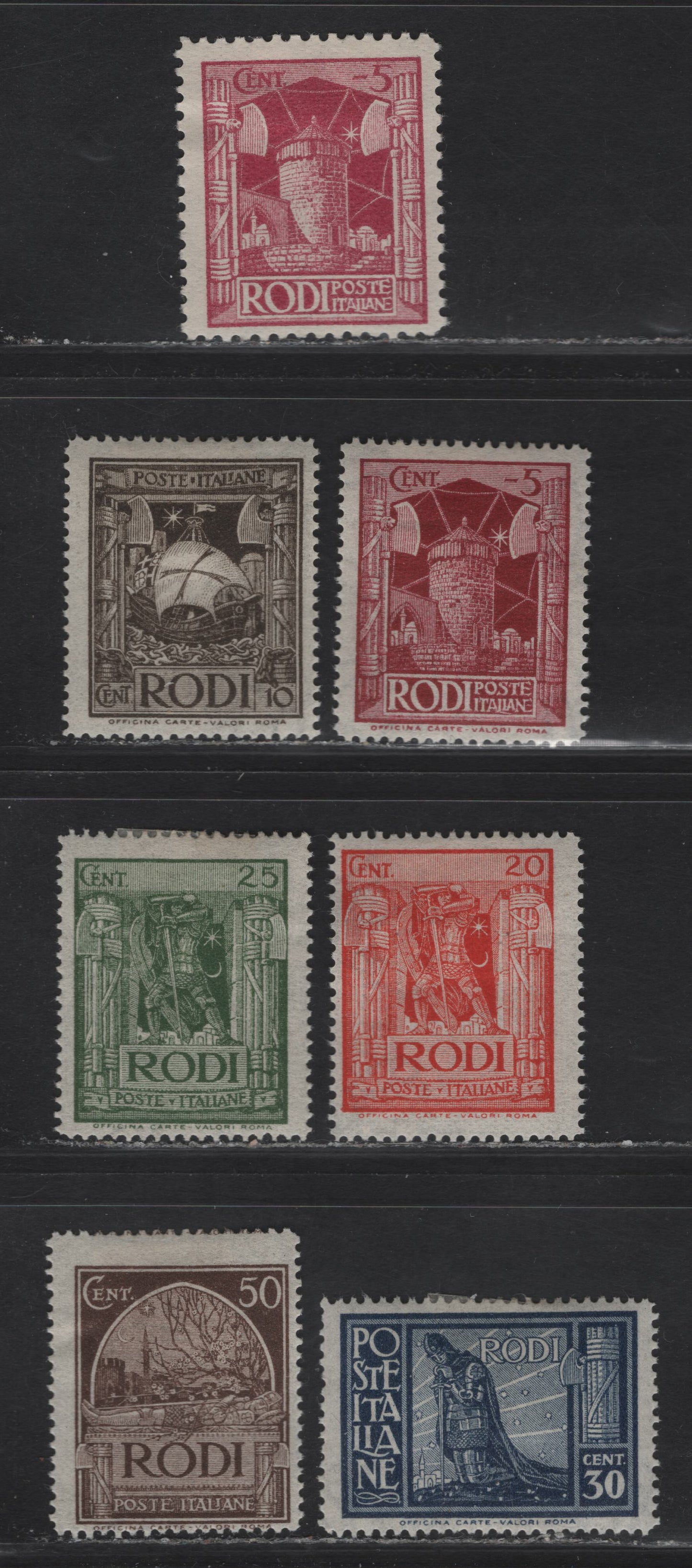 Lot 246 Italy - Aegean Islands - Rhodes SC#15, 55-60 5c - 50c Magenta - Dark Brown Windmill - Crusaders Tomb, 1929-1932 Pictorial Issue, 7 F/VFOG Singles, Without Imprint Perf 11, With Imprint 14