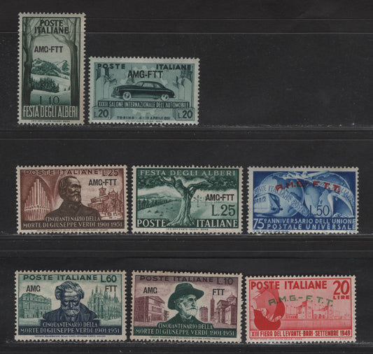 Lot 248 Italy - Trieste SC#40, 52, 111, 136-140 50l - 60l Bright Ultramarine - Indigo & Blue Green Transportation - Verdi, 1949-1951 UPU - Verdi Issues, 8 F/VFOG/NH Singles