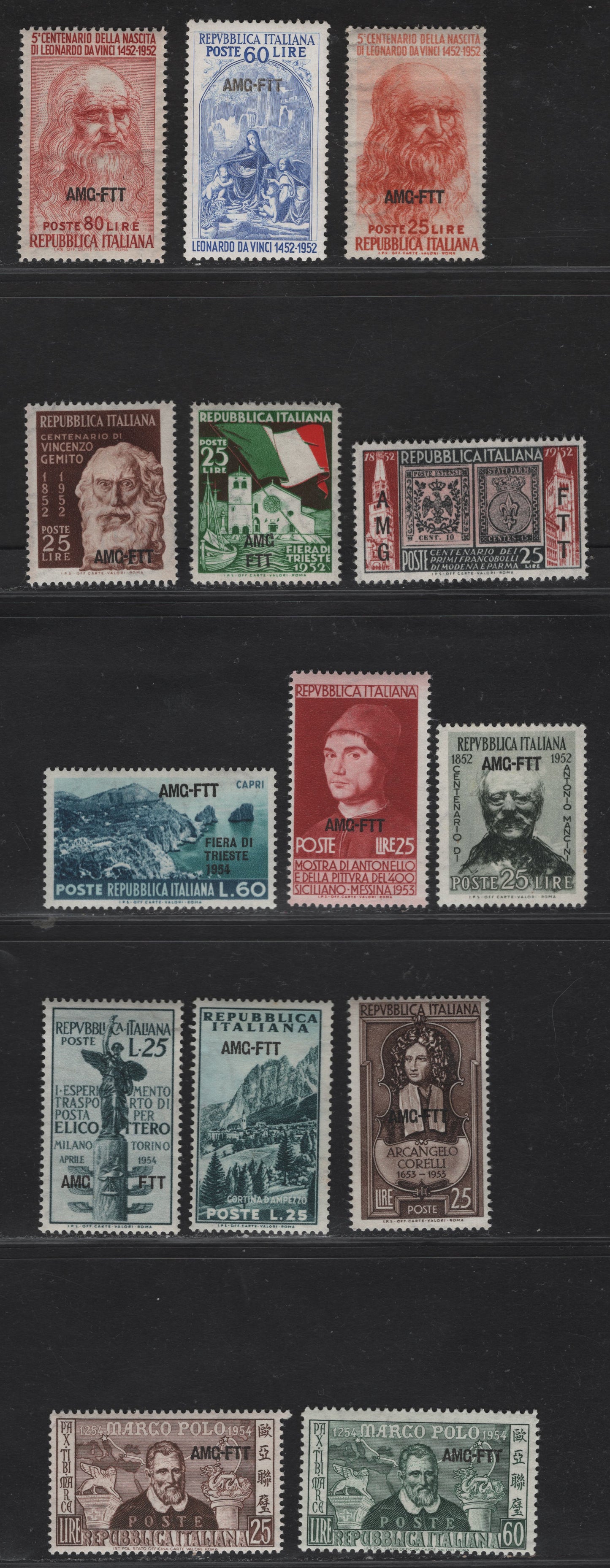 Lot 250 Italy - Trieste SC#145-146, 151, 160-161, 163-165, 168, 191, 193, 199, 202-203 25l - 60l Brown & Slate Black - Gray Green Statues of Athlete & River God - Marco Polo, 1952-1954 Leonardo Da Vinci - Marco Polo Issues, 14 F/VFOG Singles