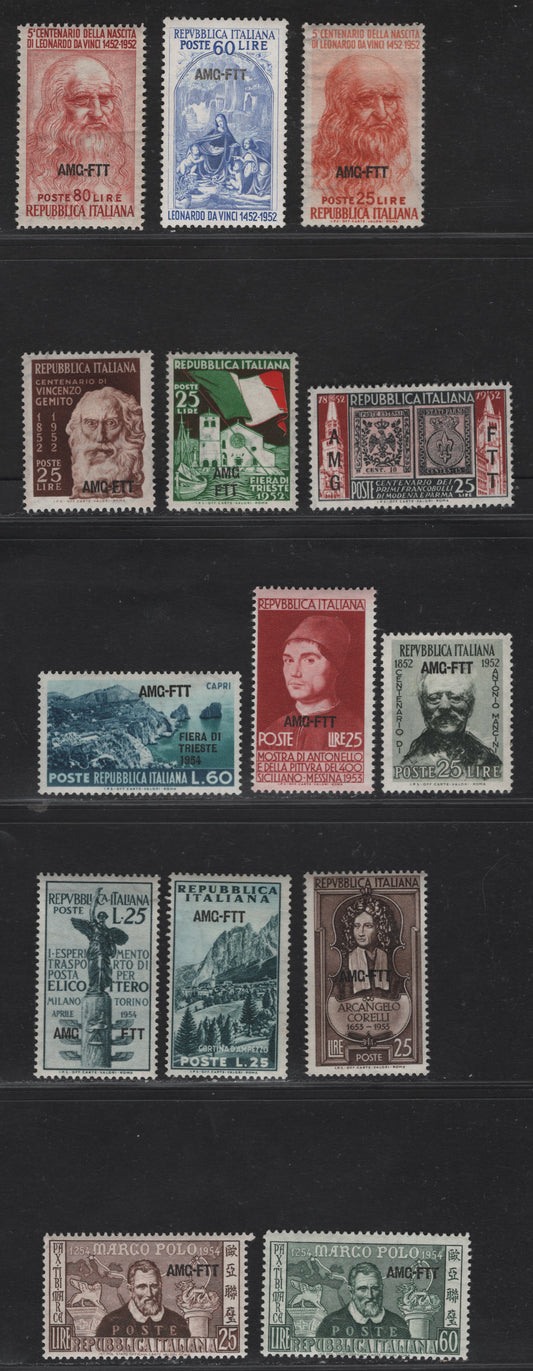 Lot 250 Italy - Trieste SC#145-146, 151, 160-161, 163-165, 168, 191, 193, 199, 202-203 25l - 60l Brown & Slate Black - Gray Green Statues of Athlete & River God - Marco Polo, 1952-1954 Leonardo Da Vinci - Marco Polo Issues, 14 F/VFOG Singles