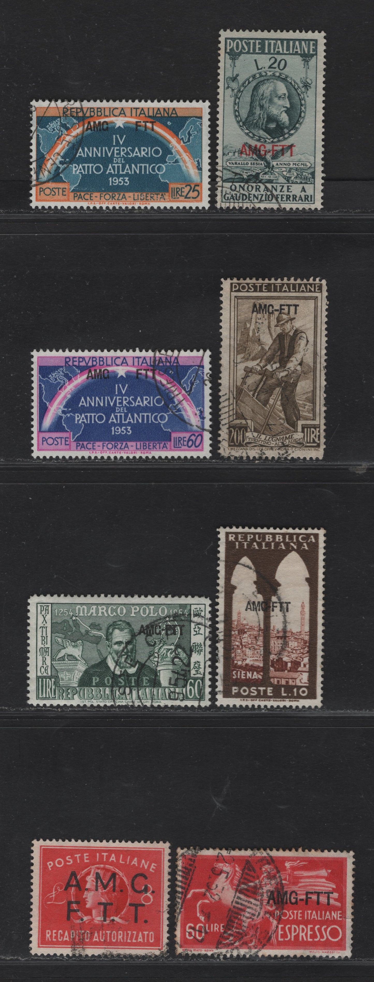 Lot 251 Italy - Trieste SC#76, 108, 184-185, 188, 203, E6, EY2 20l - 8l Gray Green - Bright Red Gaudenzio Ferrari - Coat of Arms, 1947-1950 Ferrari - Authorized Delivery Issues, 8 Fine/Very Fine Used Singles