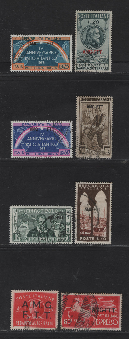 Lot 251 Italy - Trieste SC#76, 108, 184-185, 188, 203, E6, EY2 20l - 8l Gray Green - Bright Red Gaudenzio Ferrari - Coat of Arms, 1947-1950 Ferrari - Authorized Delivery Issues, 8 Fine/Very Fine Used Singles
