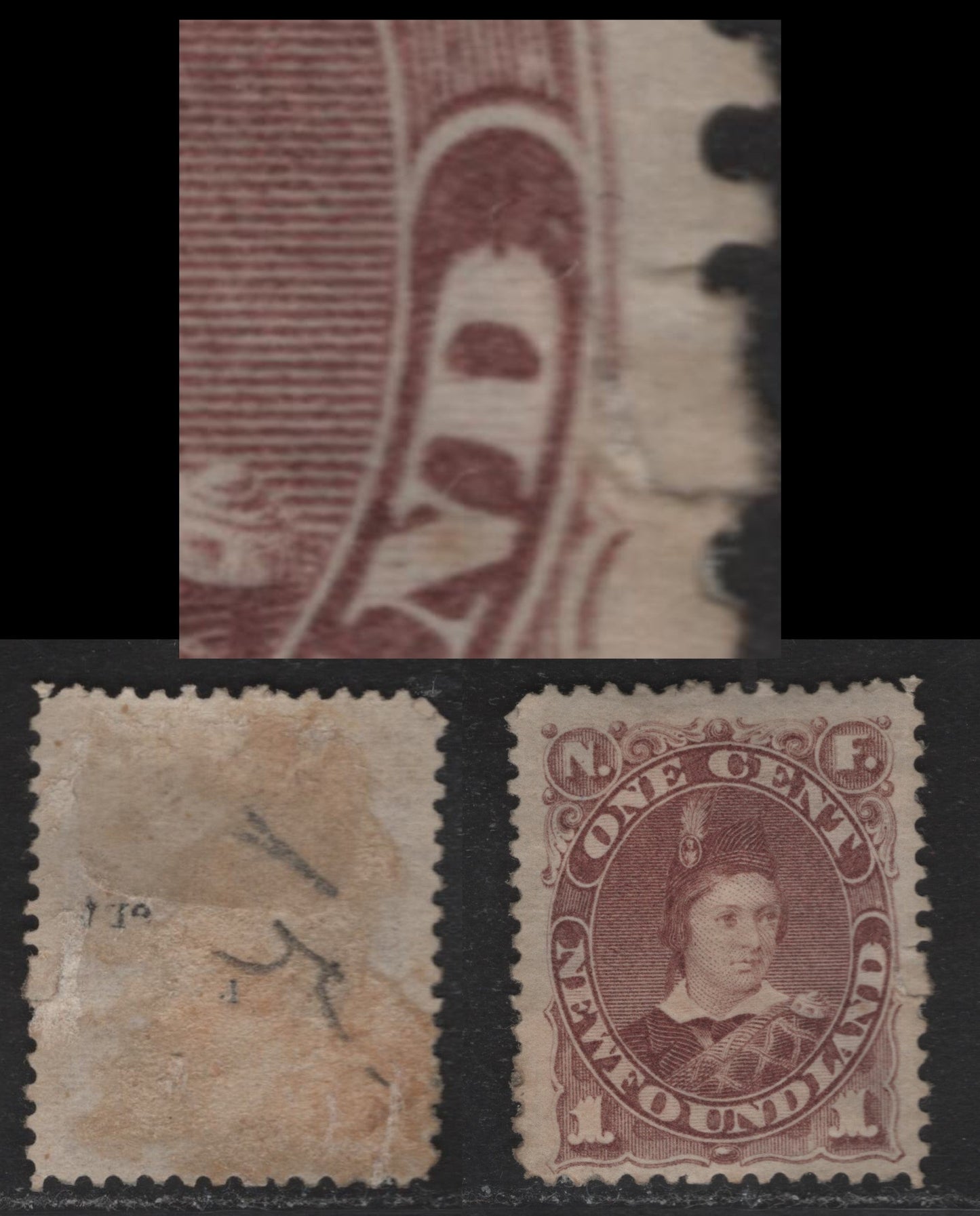Lot 27 (C) Newfoundland #41 1c Violet Brown Edward, Prince of Wales, 1880-1896 4th Cents Issue, A Good Unused Single, Paper Cents-HH, Perf 12.2x12, Large Tear In Right Margin To Right Of 'D' Of (C) Newfoundland.