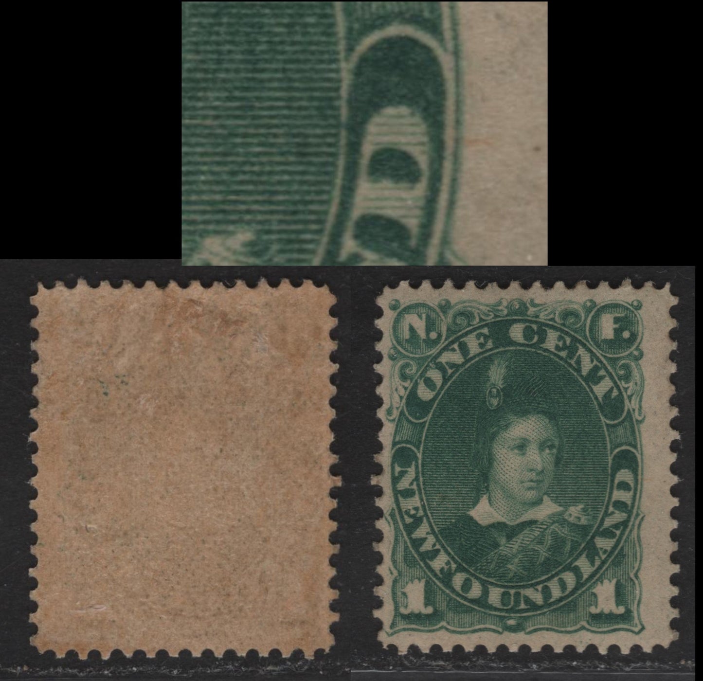Lot 29 (C) Newfoundland #44 1c Deep Green Edward, Prince of Wales, 1880-1896 4th Cents Issue, A FOG Single, Paper Cents-KK, Perf 12.1x12.2, Constant But Unlisted Dot In Last D Of (C) Newfoundland.