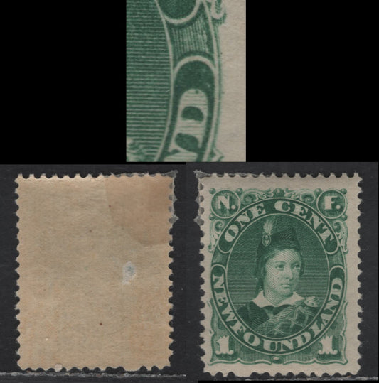 Lot 30 (C) Newfoundland #45var 1c Green Edward, Prince of Wales, 1880-1896 4th Cents Issue, A VGOG Single, Paper Cents-LL, 1896 Printing, Perf 12, Showing Constant But Unlisted Dot In Last D Of (C) Newfoundland, Small Hinge Thin On Back.