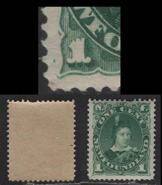 Lot 31 (C) Newfoundland #45var 1c Green Edward, Prince of Wales, 1880-1896 4th Cents Issue, A FOG Single, Paper Cents-LL, 1896 Printing, Perf 12, Showing Unlisted Large Dot To Left of Left 1, One Pulled Perf At Top.