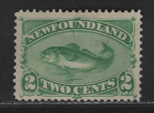 Lot 32 (C) Newfoundland #46i 2c Deep Yellow Green Codfish, 1880-1896 4th Cents Issue, A FOG Single, Paper Cents-MM, Perf 12.2x12, Shallow Hinge Thin In 'E' Of 'Cents'.