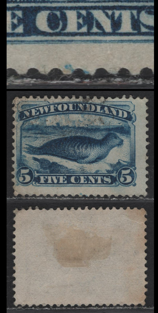 Lot 42 (C) Newfoundland #54var 5c Dark Blue Harp Seal, 1880-1896 4th Cents Issue, A Very Good Used Single, Paper Cents-NN, Perf 12x12.1, Showing Large Burrs In Lower Margin Below CE of Cents, Vertical Diagonal Crease Not Obvious From Front.