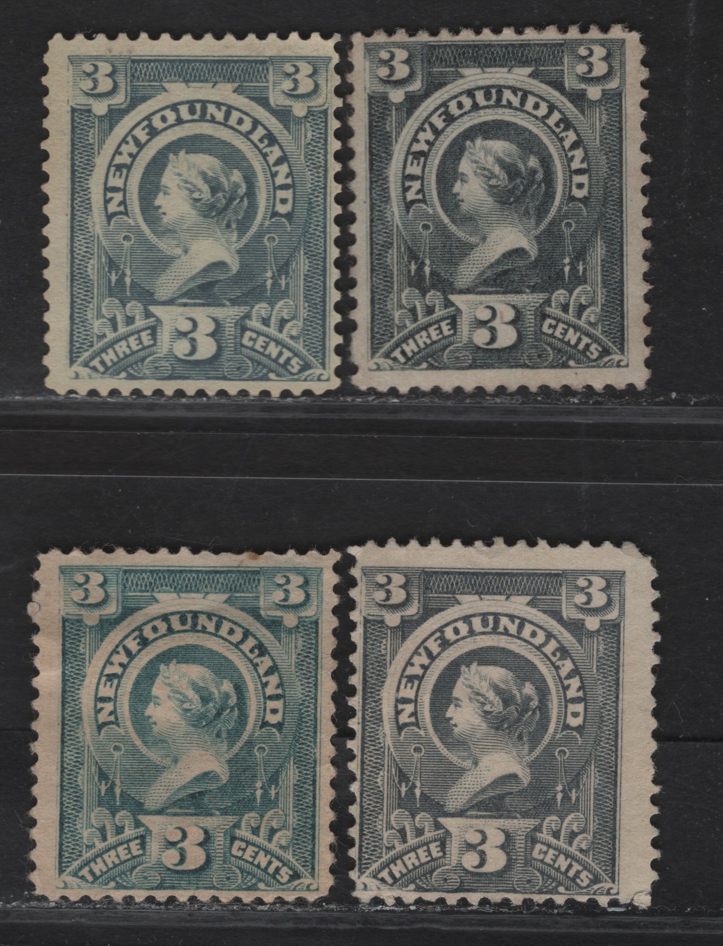 Lot 47 (C) Newfoundland #60 3c Slate, Slate Blue, Blue Gray & Deep Gray , 1890 Queen Victoria Issue, 4 Very Good/Fine Unused & Regummed Singles, Papers Cents-PP (Slate, Perf 12.1x12), Cents-QQ (Slate Blue Perf 12.1) & Cents-LL (Rest, Perf 12)