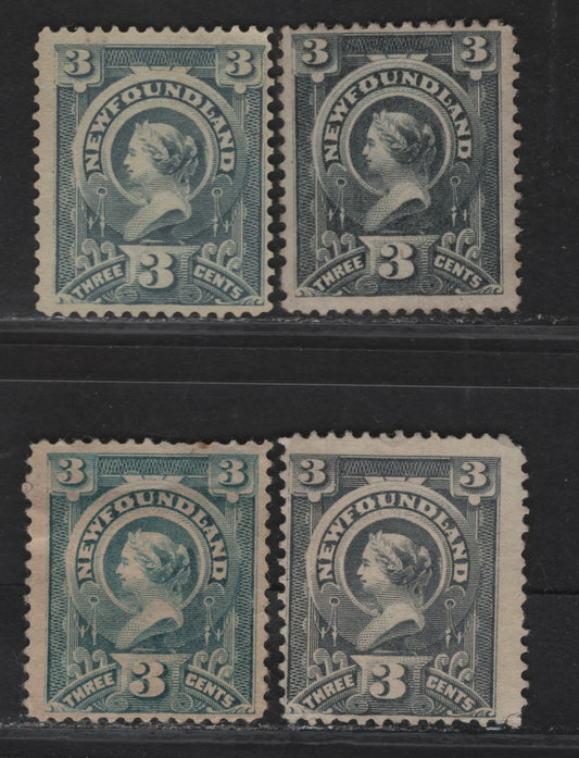 Lot 47 (C) Newfoundland #60 3c Slate, Slate Blue, Blue Gray & Deep Gray , 1890 Queen Victoria Issue, 4 Very Good/Fine Unused & Regummed Singles, Papers Cents-PP (Slate, Perf 12.1x12), Cents-QQ (Slate Blue Perf 12.1) & Cents-LL (Rest, Perf 12)