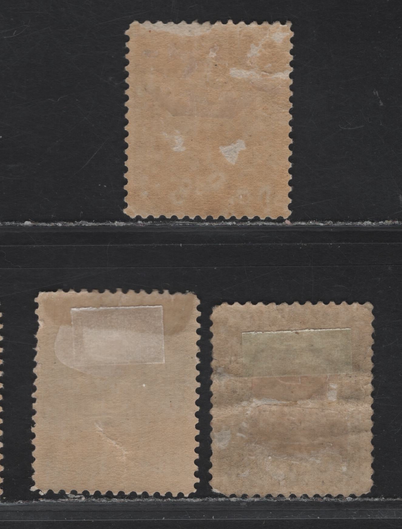 Lot 48 (C) Newfoundland #60,a,d 3c Gray Lilac, Slate & Slate Violet , 1890 Queen Victoria Issue, 3 G/VGOG Singles, Paper Cents-RR, Perfs 12.1x12, 12.1 & 12x12.1, Slate Violet Shade Shows Unlsited Dot Below O of (C) Newfoundland & Internal Wrinkle.