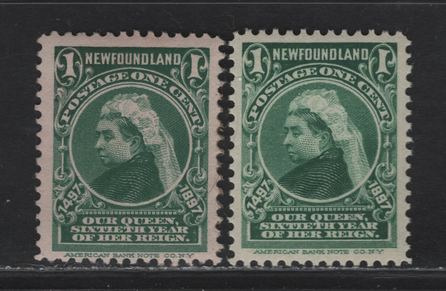 Lot 50 (C) Newfoundland #61 1c Deep Green Queen Victoria, 1897 Discovery of (C) Newfoundland Issue, 2 VFNH/DG Singles, Papers ABNN-H & ABNN-I, Typical Disturbed Gum On The ABNN-I Paper