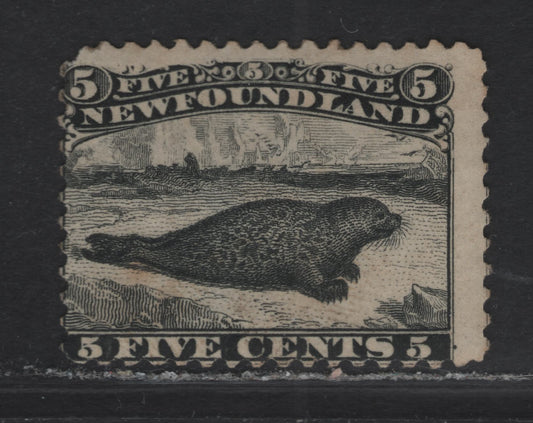 Lot 5 (C) Newfoundland #26 5c Black Harp Seal, 1865-1894 Cents Issue, A GOG Single, Paper Cents-U, Perf 11.75x12, Gum Appears To Be Original, Corner Perf At UL Is Pulled Away.