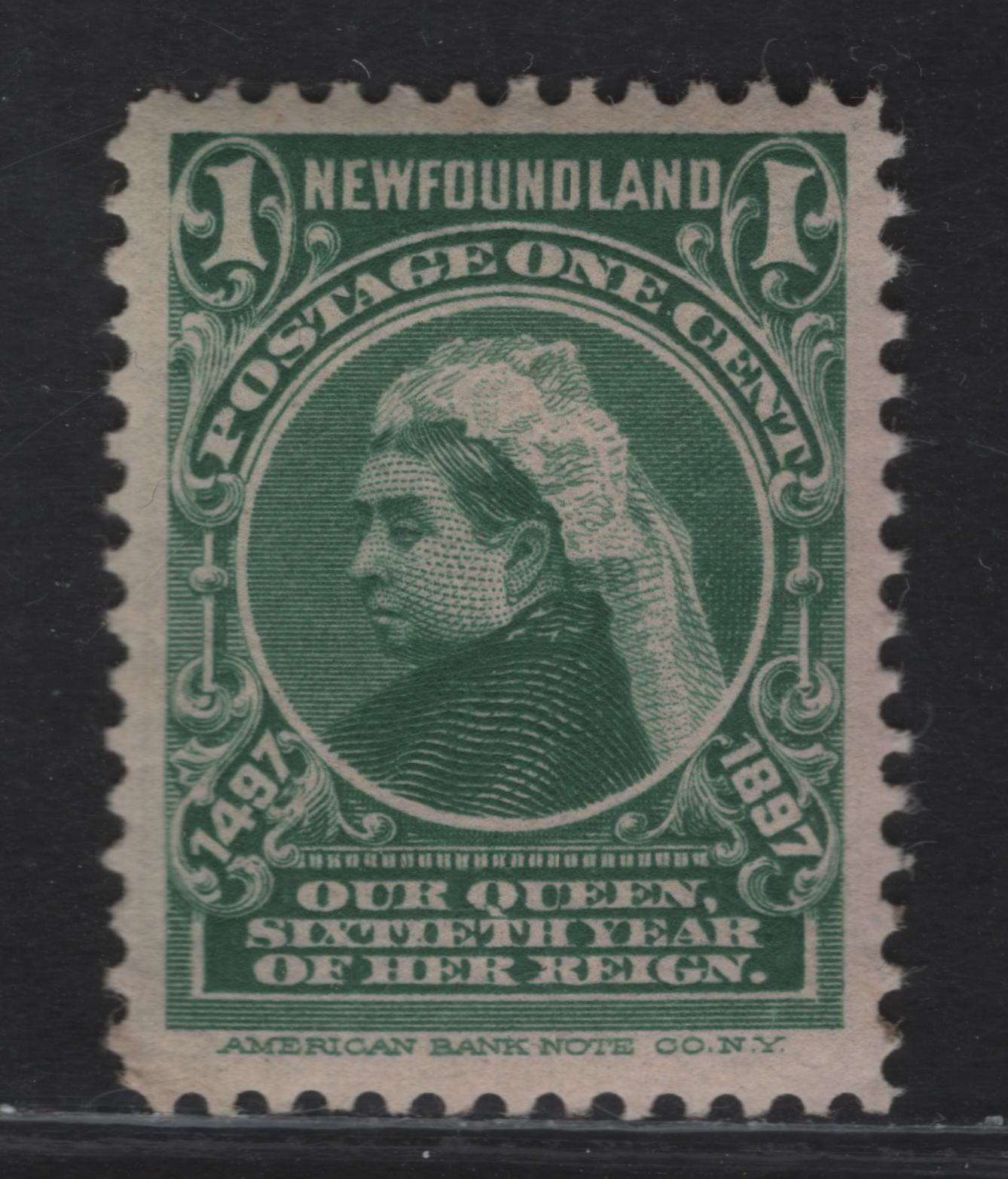 Lot 51 (C) Newfoundland #61 1c Green on Rose Queen Victoria, 1897 Discovery of (C) Newfoundland Issue, A VFNH/DG Single, Paper ABNN-I, From A Near Loss At Sea Shipment, Full Gum With Minimal Disturbace.