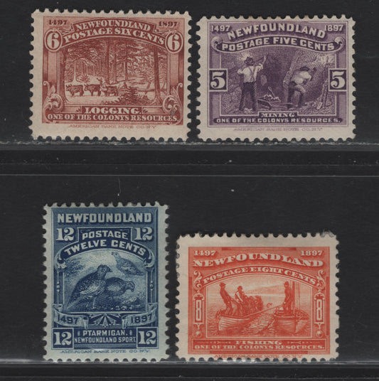Lot 53 (C) Newfoundland #65-67, 69 5c - 12c Violet - Dark Blue Mining - Willow Ptarmigan, 1897 Discovery of (C) Newfoundland Issue, 4 FOG Singles, Large Album Adhesions On 8c, 12c Is Paper ADNN-A, Rest Are ABNN-D.