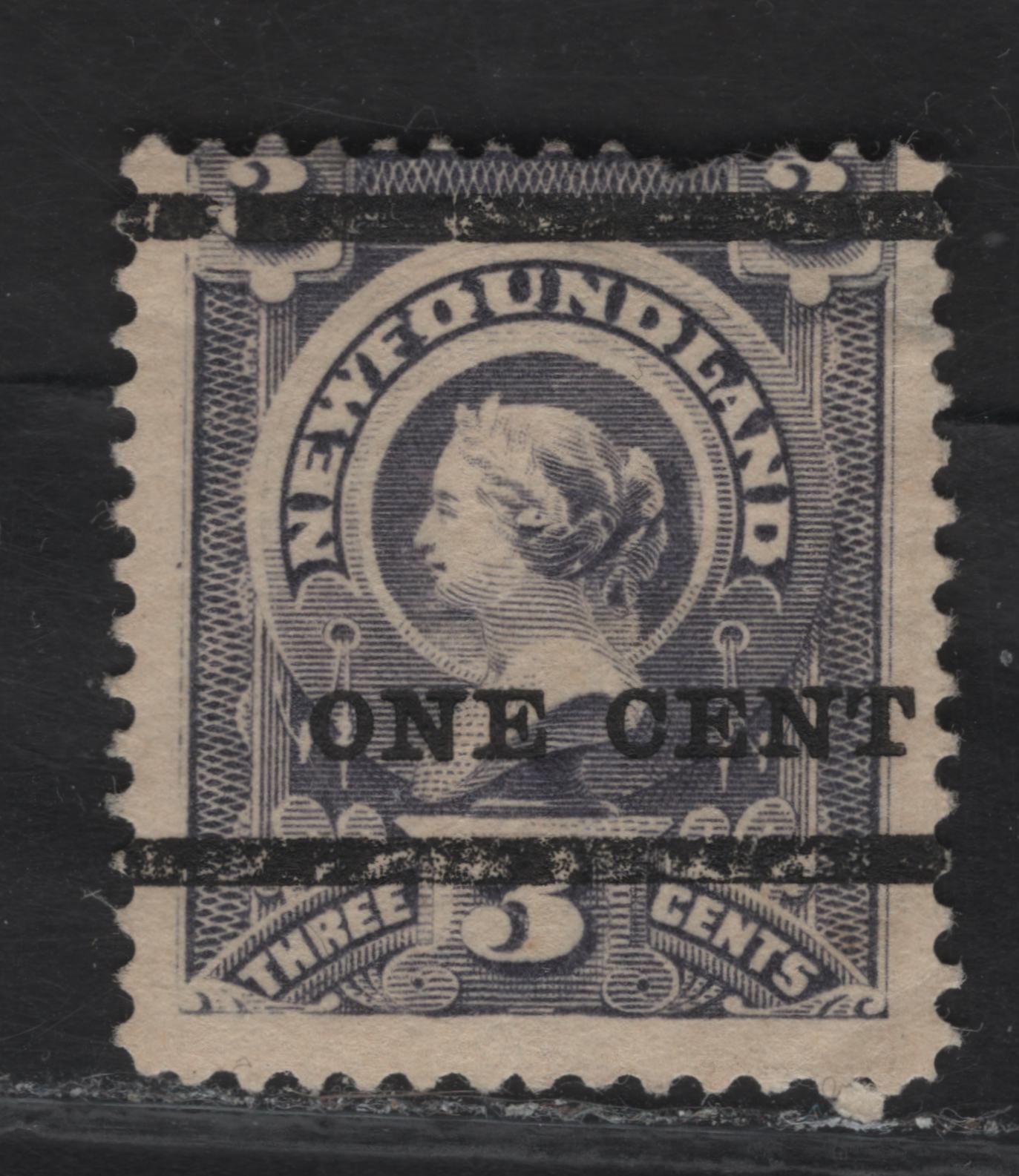 Lot 60 (C) Newfoundland #75 1c on 3c Gray Lilac Queen Victoria, 1897 Surcharged Issue, A GOG Single, Type A Surcharge, Paper Cents-LL, Perf 12.1, Pulled Perf & Small Diagonal Crease.