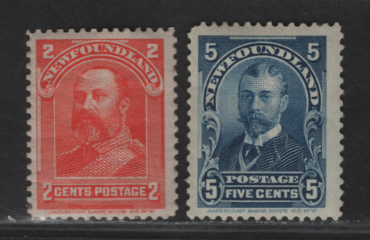 Lot 63 (C) Newfoundland #82, 85 2c - 5c Vermillion - Blue King Edward VII - Duke of York, 1897-1901 Royal Family Issue, 2 FOG/RG Singles, Papers ABNN-A (Perf 12x11.9) & ABNN-K (Perf 11.9x12), 2c is Regummed & The 5c Has A Diagonal Crease