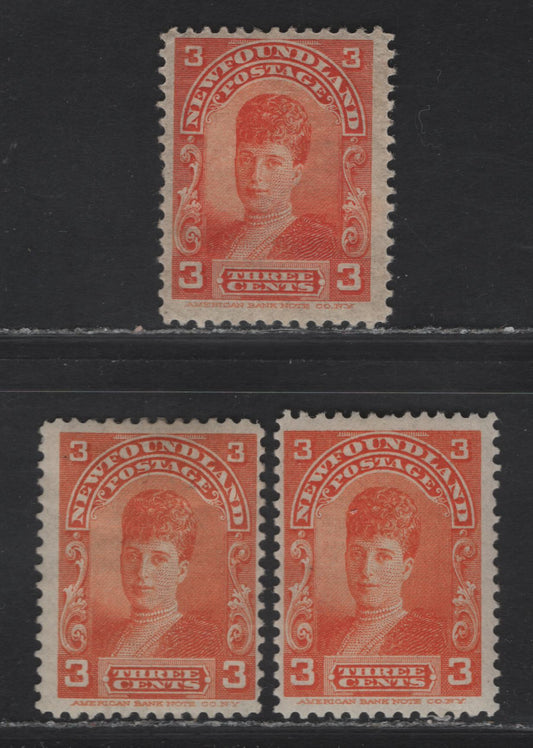 Lot 64 (C) Newfoundland #83,c 3c Yellowish Orange - Red Orange Queen Alexandra, 1897-1901 Royal Family Issue, 3 FOG Singles, Papers ABNN-C Perf 12 & ABNN-C Perf 11.9
