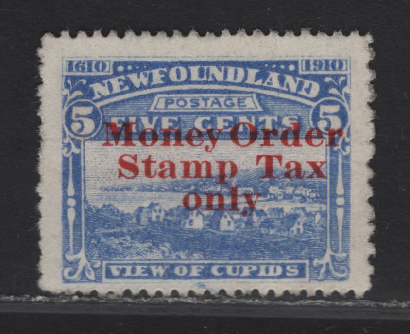 Lot 70 (C) Newfoundland NFM#1a 5c Ultramarine View of Cupids, 1910 John Guy Issue, A VGOG Single, 1914 Money Order Tax Issue, Large Horizontal Crease, No Period After 'Only'.