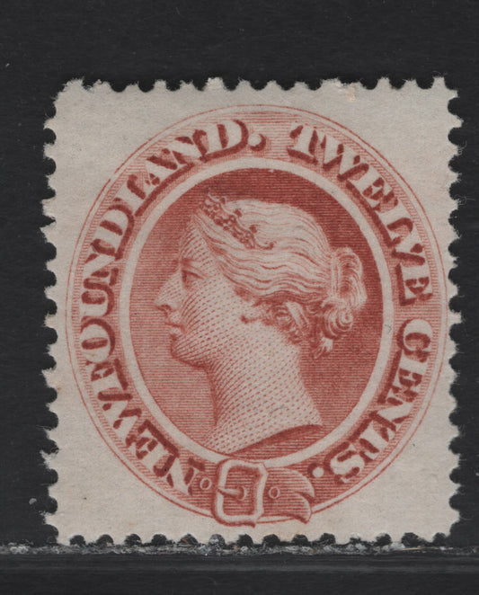Lot 7 (C) Newfoundland #28 12c Pale Red Brown Queen Victoria, 1865-1894 Cents Issue, A FOG Single, Paper Cents-X, Perf 12, Full OG, Tiny Hinge Thin, Near Where The Hinge Was Removed.