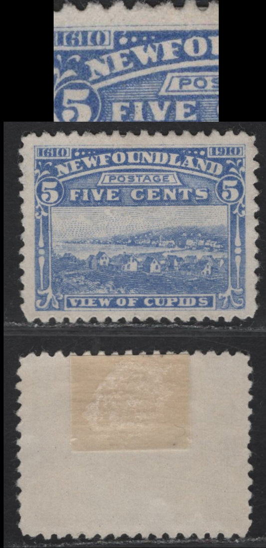 Lot 71 (C) Newfoundland #91 5c Ultramarine View of Cupids, 1910 John Guy Issue, A Very Fine Unused Single, Paper WM-A, Perf 11.8, Showing Unlisted Hook From Upper Frame Variety.