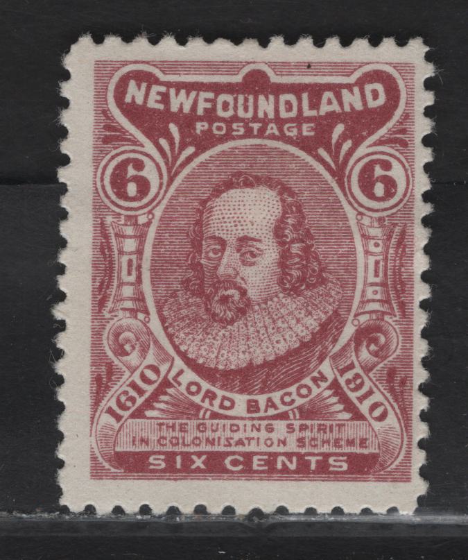 Lot 74 (C) Newfoundland #92 6c Claret Lord Bacon, 1910 John Guy Issue, A FOG Single, Type I, Paper WM-K, Perf 12x11.8.