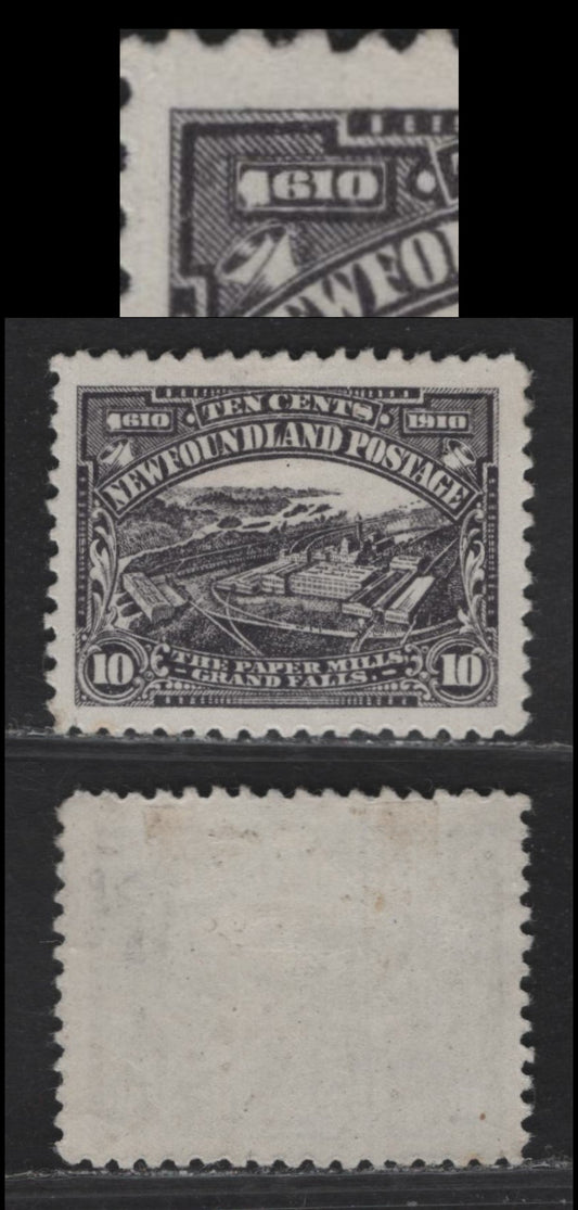 Lot 77 (C) Newfoundland #95 10c Violet Black Paper Mills, 1910 John Guy Issue, A VFOG Single, Paper WM-A, Perf 11.8, Showing Unlisted Deformed 1 in 1610.